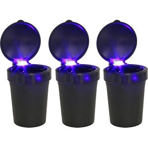 Auto asbak met LED lamp verlichting en klepje - 3x - zwart - 11 x 8 cm