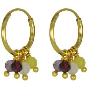 Silventi 9SIL-21079 Zilveren Oorringen met Hangertjes - Dames - Multi Color Stone - 5 Kralen - (GARNET,AMETHYST,SMOKY QUARTZ,ROSE QUARTZ,LEMEN STONE) - Oorring - 12 x 1,3 mm - Gold Plated (Verguld / Goud op Zilver)