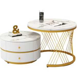 Salontafelset – Tafels – Salontafels – Woonkamertafels – Opbergtafels – Hoogglans Marmerlook – Twee Lades – Stevig Tot 30 Kg - Goud