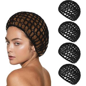 4-delige gehaakte haarnetjesset - 15×17cm - Gehaakte slaapmuts voor dames - Zacht en herbruikbaar - Gehaakte slaapmuts - Geschikt voor lang en kort steil haar - Geschikt voor wassen, make-up, baden en huishoudelijk werk - Zwart