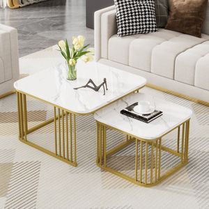 HAUSS SPOLE Salontafel - Vierkant 70x70 + 50x50x36.5 cm - 2 Delige Set - Hoogglans MDF Tafel - Verstelbare Poten - Metaal - Wit + Goud