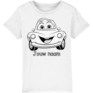 Inkleurbaar t-shirt kinderen – auto - kinderspeelgoed – 7 tot 8 jaar - eigen naam – gepersonaliseerd – kleuren – viltstiften voor kinderen – t-shirt