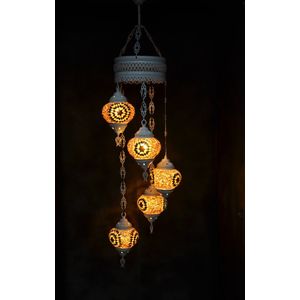 Hanglamp multicolour bruin glas mozaïek 5 bollen Turkse Oosterse Crèmewit Marokkaanse kroonluchter