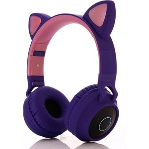 Koptelefoon Kinderen - Kinder Koptelefoon - Koptelefoon met Bluetooth - Zachte Oorkussens Koptelefoon voor Kinderen - Met Led Kattenoortjes - Paars