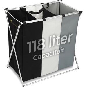 Happy Life Wasmand 3 Vakken - Stevige grote wassorteerder - 118 L - Opvouwbaar – Laundry Basket - Zwart Wit Grijs - Aluminium - Polyester