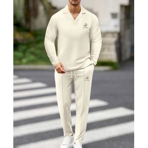 Elegante Beige 2-Delige Trainingspak – Formeel & Casual Kostuum | Broek & Lange Mouwen | Stijlvolle V-Hals Revers Kraag | Maat XXXL
