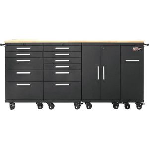 George Tools mobiele werkbank 188 cm - Werktafel op wielen met 12 laden, 1 opbergkast en houten werkblad - Complete set voor werkplaats of garage - Zwart