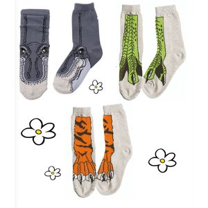 Nature Planet Set van 3 leuke kindersokken, t-rex grijs en groen, tijgerpoot (100% Oeko-tex gecertificeerd) maat 35-38
