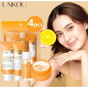LAIKOU | Vitamine C Reisset | Skincare Set Huidverzorging 4 stuks Gezichtscrème Serum | Gezichtsreiniger | Cleanser | Toner | Zonnebrandcrème | verzorgingsproducten| Anti aging , hydraterende Cadeauset huidverzorging | Sinaasappel | Gift set