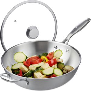 Wokpan - Zilver - 32 cm - Zonder Antiaanbaklaag - Met Deksel - Geschikt voor Gas en Inductie