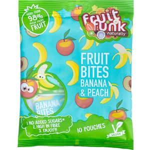 Fruitfunk Uitdeelzak Banaan Perzik (12 uitdeelzakken met 10 kleine snoepzakjes 10g) - Fruitsnack - snoepjes gemaakt van fruit - Vegan - Gezond snoep - Geen toegevoegde suikers - ideaal voor in de snoeppot - verantwoorde voorverpakte traktatie