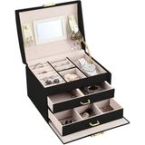 Confibel - Chique Sieradendoos met Spiege - Slotje en Handvat - 12 Compartimenten - Zwart