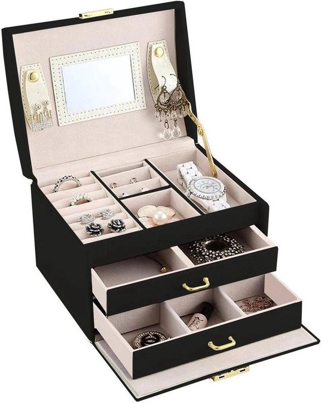 Confibel - Chique Sieradendoos met Spiege - Slotje en Handvat - 12 Compartimenten - Zwart
