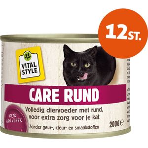 VITALstyle Care Met Rund - Natvoer - Gevarieerde Voeding Voor Een Levenslustige Kat - Met o.a. Catnip & Peterselie - 200 g - 12 stuks