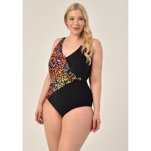 Badpak- Dames Zwempak Bikini&Badmode- Gekleurde polka dot plus size double-breasted gedetailleerde dessin 202- Zwart gekleurde stippen- Maat 44