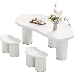 Merax Onregelmatig Halvemaanvormige Salontafelset – Salontafel met 2 Bijzetbankjes – L 107 cm x B 57 cm x H 40,5 cm – MDF Tafelblad en PVC Poten