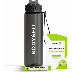 Body & Fit Electrolytes met Drinkfles - Elektrolyten Poeder met Waterfles - Elektrolyten Drink - Lime - 45 gram (10 sticks) en 1L Drinkfles met Rietje