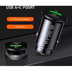 Dual port USB A&C 3.1A Snellader Auto - Mini Formaat - Duo Lader - Type A en C - 12 tot 24 Volt - Quick Charge - Micro - Autolader - Usb Plug - Sigarettenaansteker - Laadplug - Telefoonlader Auto