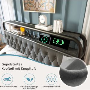 Merax Boxspring Bed 160x200 cm met USB-C Oplaadfunctie – App-Control LED Verlichting – Metalen Bedframe & 4 Opberglades – Grijs (Excl. Matras)