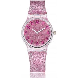 Glitter horloge - paars roze - kinderen/ tieners - 33 mm - I-deLuxe verpakking