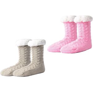 Huissokken - 2 Paar - Huissokken Dames En Heren - Anti Slip Sokken - Fleece Sokken - Slofsokken - Dikke Sokken - One Size - Dikke - Bedsokken - Fluffy Sokken - Verwarmde Sokken - Gevoerde Sokken - Winter Sokken - Cadeautip - Kerst - Roze / Khaki