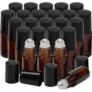 Provento - Amberkleurige Roller Flesjes Set - 24 Stuks - 5ml Rollerflessen met Roestvrijstalen Balletjes - Etherische Olie - Aromatherapie - Parfum - Geuren - Lippenbalsem - Cosmetica