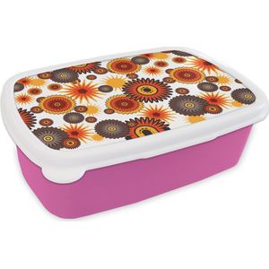 Broodtrommel Roze - Lunchbox - Brooddoos - Design - Retro - Oranje - Bloemen - 18x12x6 cm - Kinderen - Meisje