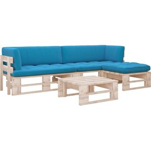 The Living Store Pallet Loungeset - Hout - 110x65x55 cm - Blauw kussen