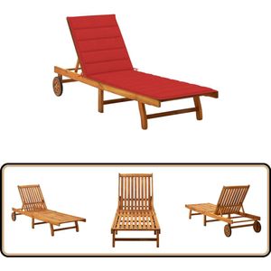 vidaXL Ligbed met kussen - Massief acaciahout - Rood Ligbed - Lounge Stoel - Tuinset - Buiten Meubilair - Acacia Hout
