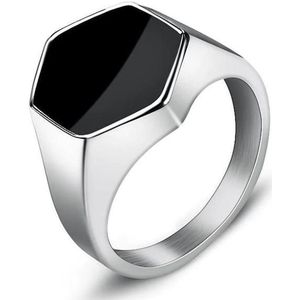 Zegelring Heren Zilver Kleurig met Zwarte Steen - Zeshoekig - Staal - Ring Ringen - Cadeau voor Man - Mannen Cadeautjes