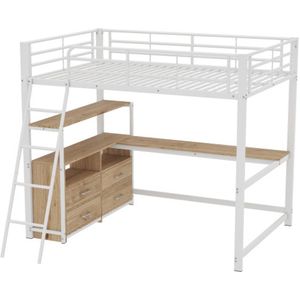 Gotagee Hoogslaper, 140x200cm, ijzeren frame bed, praktische lades, L-vormig bureau, laminaat design, zonder matras, wit