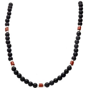 Bela Donaco - Herenketting Classic B6 – Mat Onyx – handgemaakte Keniaanse rode glaskralen – Sterling Zilver
