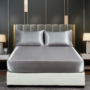 198x203cm Satijnen Koel Laken - Zacht 36 cm Diepe Zak Getailleerd Laken - Ademend Kreukvrij Laken - Kleurvast - Ademend - Volledig Elastisch - Beddengoedset - Inclusief 2 Kussenslopen (51x102cm)