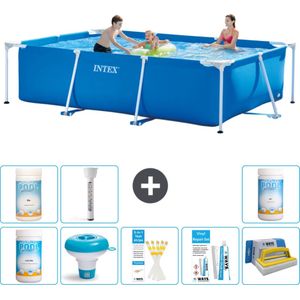 Intex Rechthoekig Frame Zwembad - 300 x 200 x 75 cm - Blauw - Inclusief Chloor - Chloordrijver - Testrips - Reparatiesetje - Scrubborstel - PH-waarde - PH-waarde - Thermometer