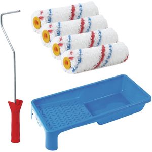 Sorex pluisvrije verfrollers schilderen set - met beugel en verfbak - 4x anti spat vacht rollers - pluisvrij - breedte 10 cm x dikte 3.5 cm - wasbaar