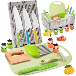 13-delige kindermessenset - kindermessen voor kinderkeuken vanaf 1-6 jaar - met opvouwbare opbergdoos en golfsnijder - Montessori-speelgoed