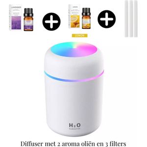 Aroma Diffuser Wit-Luchtbevochtiger 300 ml - Incl. incl. 2 aroma oliën en 3 filters -LED sfeerverlichting- compact- Auto en huis gebruik- casamix