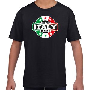 Have fear Italy is here t-shirt met sterren embleem in de kleuren van de Italiaanse vlag - zwart - kids - Italie supporter / Italiaans elftal fan shirt / EK / WK / kleding 122/128