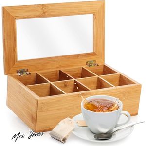 Mrs. Jones Theedoos van bamboe - Theebox met 8 vakken - duurzaam decoratief materiaal - ca. 28 x 16 x 9 cm .