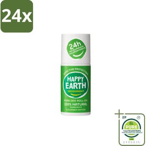 Happy Earth – Deodorant Roll-On – 100% Natuurlijk Cucumber Matcha – 75 ml - Voordeelverpakking - 24 stuks - Deodorant - Fris