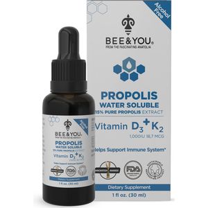 BEE&YOU 15% Puur Propolis Tinctuur - met Vitamine D3 en K2 - Water Oplosbaar - Grote Bron van Antioxidanten - Natuurlijke Ondersteuning van het Immuunsysteem - 30 ml