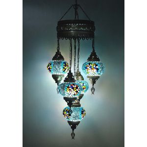 5 globe bollen Turkse hanglamp Oosterse kroonluchter blauw mozaïek glas