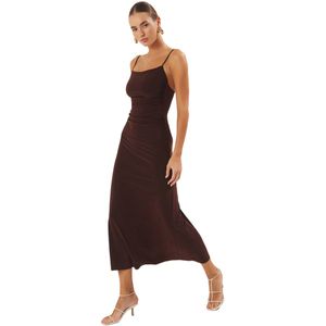 Trendyol Bruine Strapless Rugloze A-Lijn/Flare Stretch Maxi Gebreide Jurk Twoss25El00539