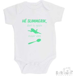 100% katoenen Romper ""He slimmerik, dat is geen vliegtuig maar een lepel"" Unisex Katoen Wit/mint Maat 56/62