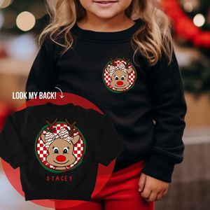 Foute kersttrui meisjes-leuke outfit kerst 2024-kerst fotoshoot sweater-rendier met pet en eigen naam-kersttrui voor op school-Maat 56