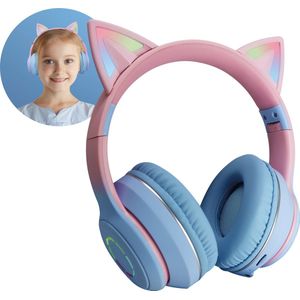 Relave Koptelefoon Kinderen Met Led Verlichting Bluetooth - Kattenoortjes - Kattenoren - Kinder Koptelefoon / Hoofdtelefoon Draadloos Over Ear - Blauw / Roze