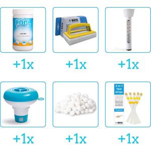 Zwembad Onderhoudsset - Startersset bevat Chloor - Scrubborstel - Thermometer en Chloordrijver - Filterbollen - Testrips - Starterspakket - Chloortabletten - Voor zwembad met Zandfilterpomp - Voor zwembaden van 2500 tot 25.000 liter (6-delig)