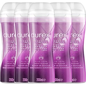 Durex - Massage Olie en Glijmiddel - 2-in-1 - Aloë Vera - 200ml x5 - Waterbasis - Voordeelverpakking