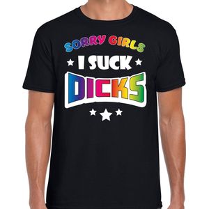 Bellatio Decorations Gay Pride T-shirt voor heren - sorry girls i suck dicks - zwart - regenboog XL