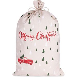 BRUBAKER Kerstzak Merry Christmas - Kerstboom bos met Auto Rood - 80 cm Cadeauzak Kerstmis - Kerstman zak Katoen met Koord voor het Inpakken van Cadeaus - Kerstboom